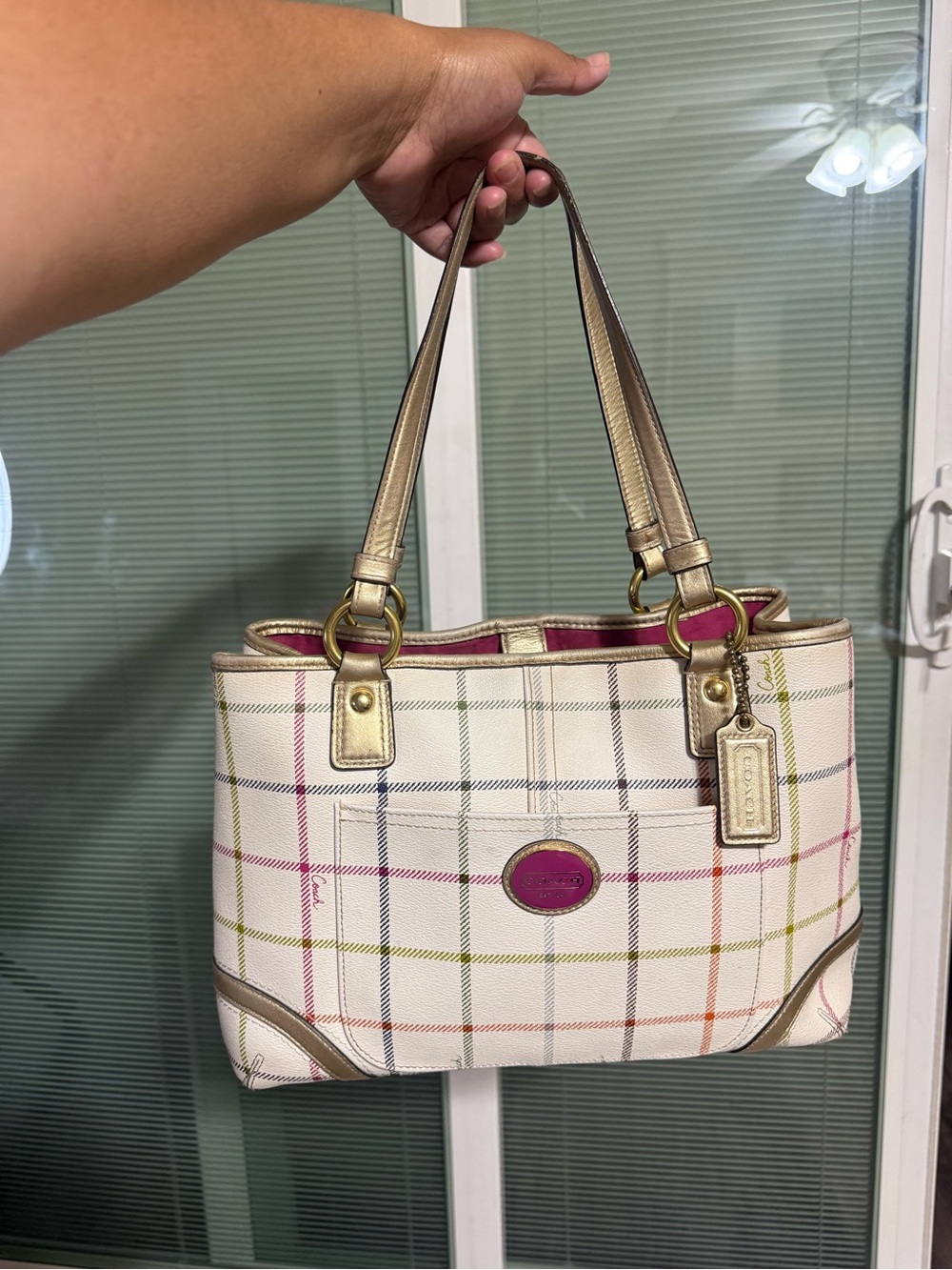 Coach Plaid Canvas Tote Bag in White with Pink Accents